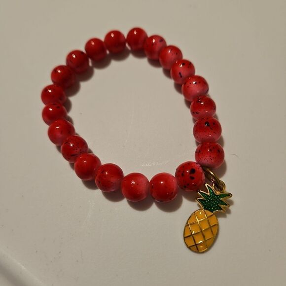 Red Beaded Bracelet with accent Pineapple Charm - Picture 4 of 4